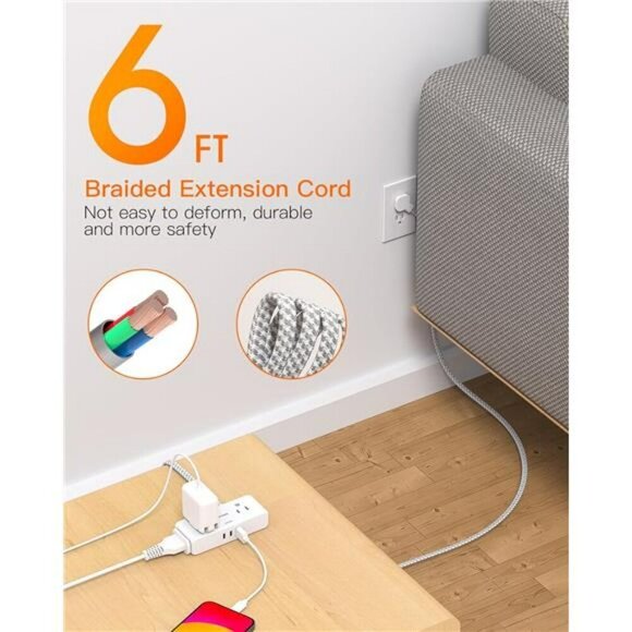 Flat Extension Cord 6 feet Flat Plug Power Strip 4 Widely Outlets with 3 USB P - Picture 2 of 7